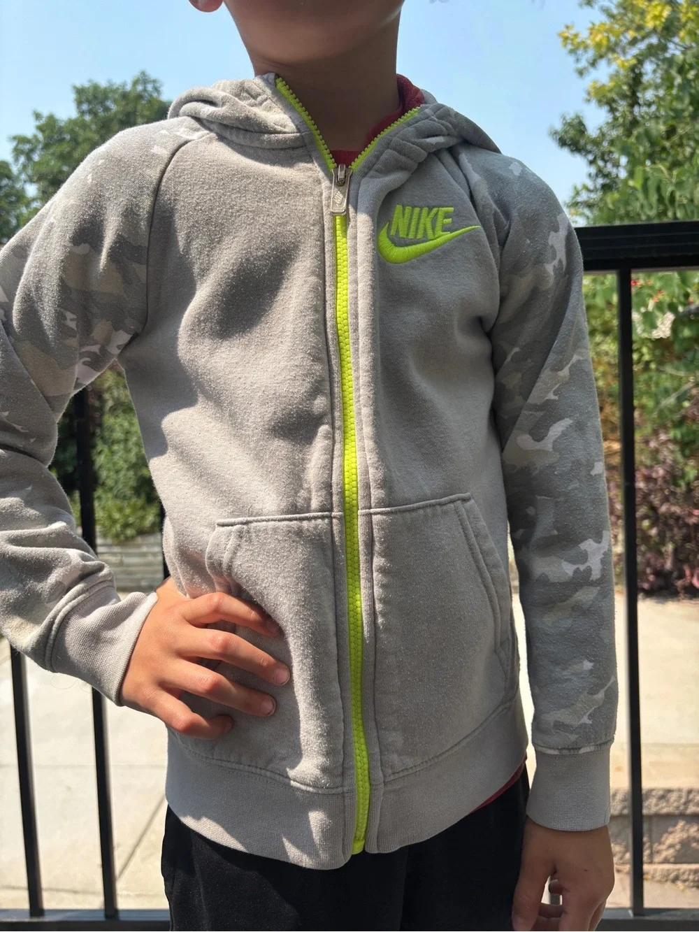 Nike Gray Camo Kids Zip Hoodie with Neon Yellow Logo